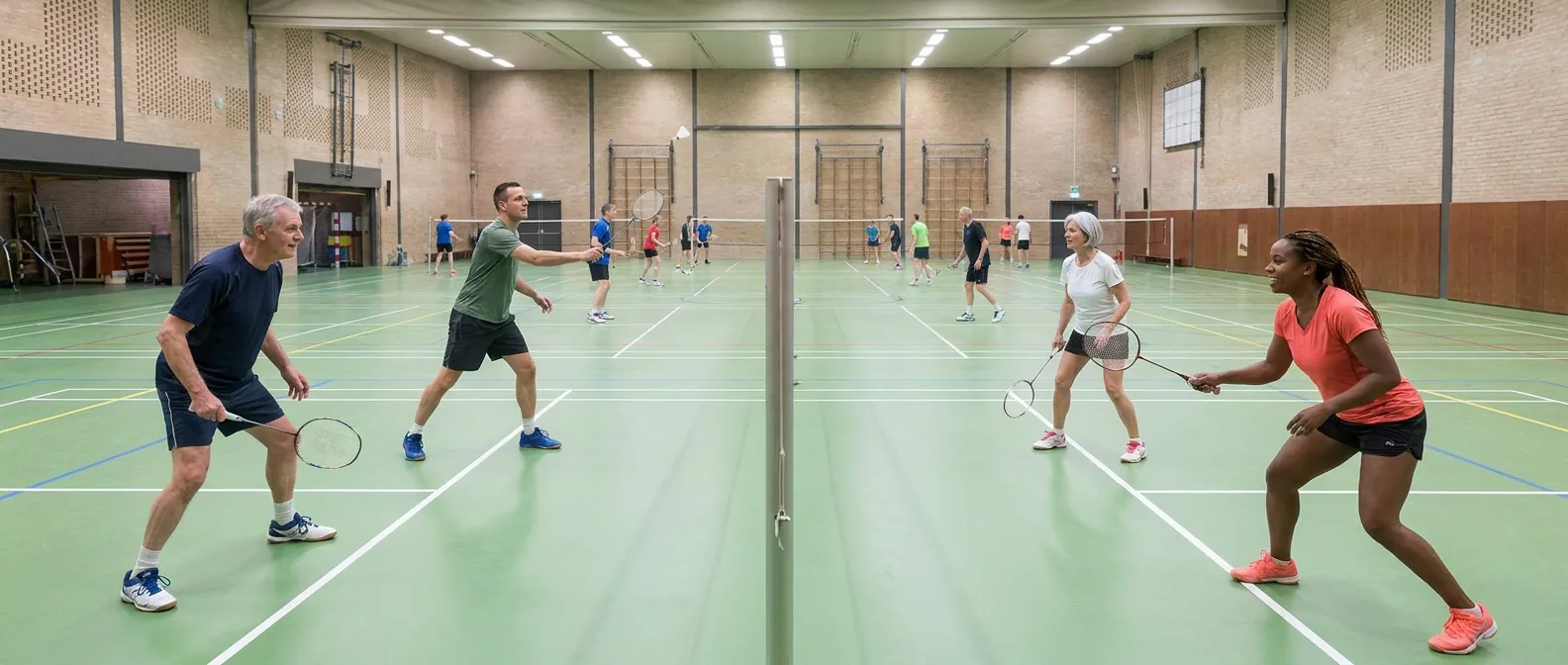 Dubbelspel badminton in de sporthal