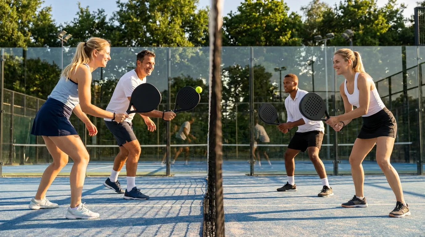 Vier padelspelers in een rally aan het net